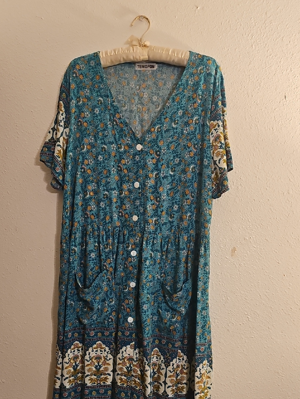 Temofon Teal Floral Midi Dress with Button Front